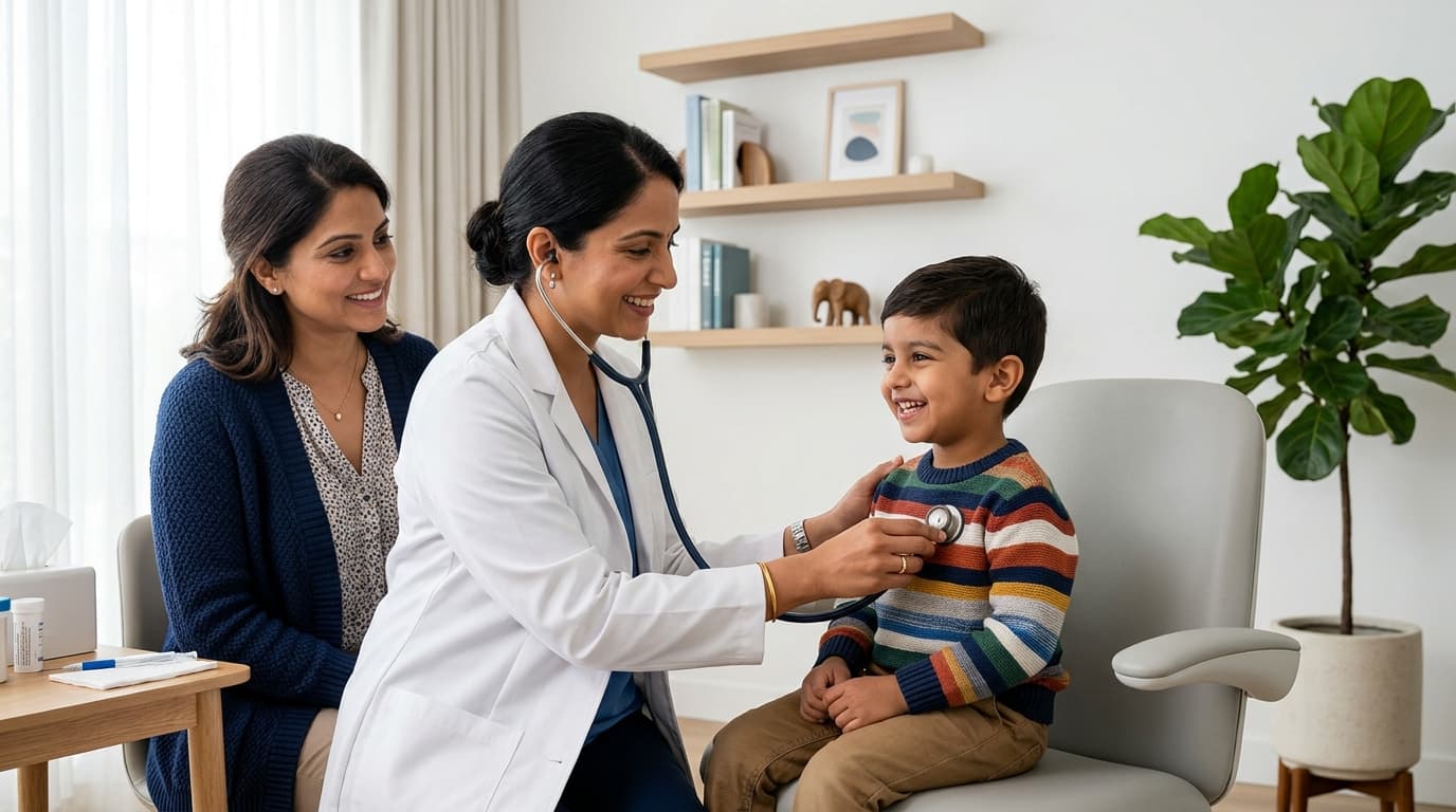 A pediatrician examining a smiling young boy with a stethoscope while his mother watches