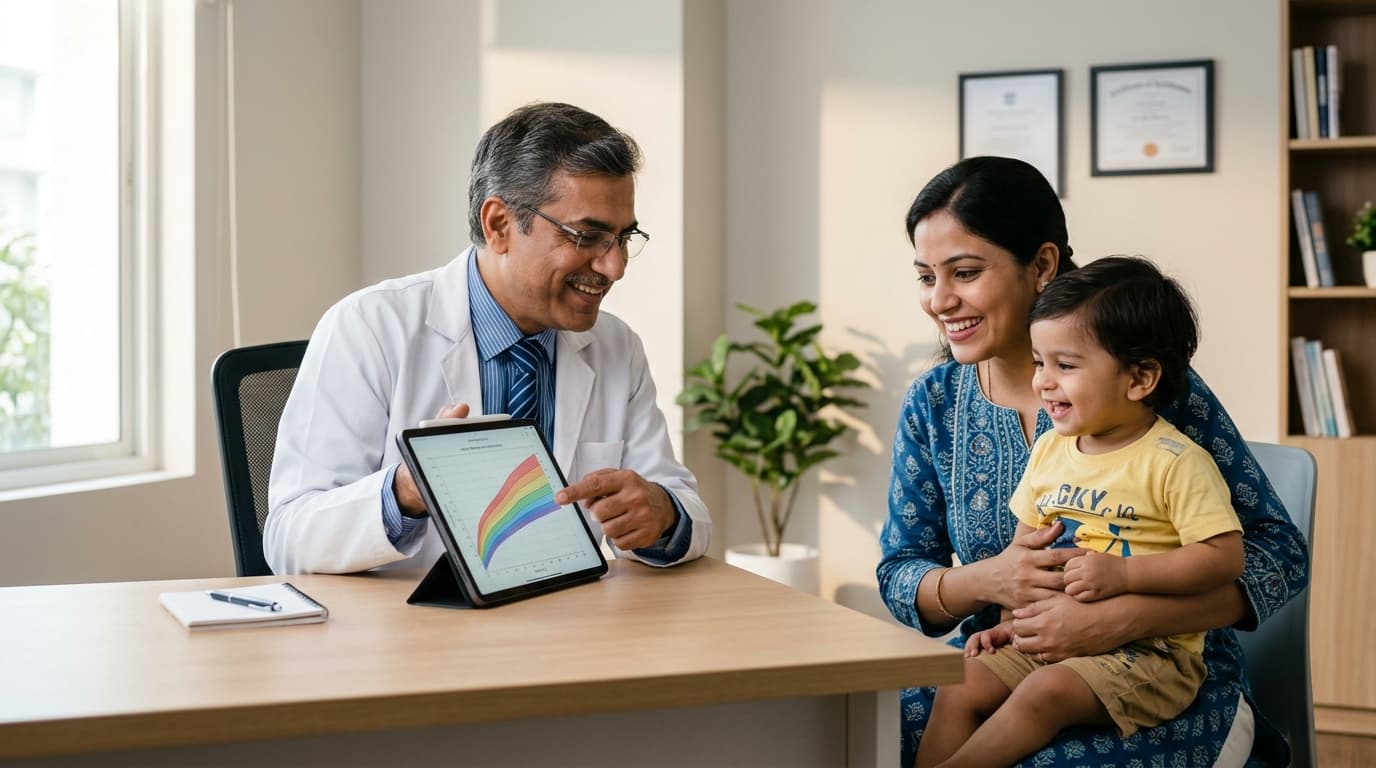 A pediatrician showing a growth chart on a tablet to a mother holding her toddler